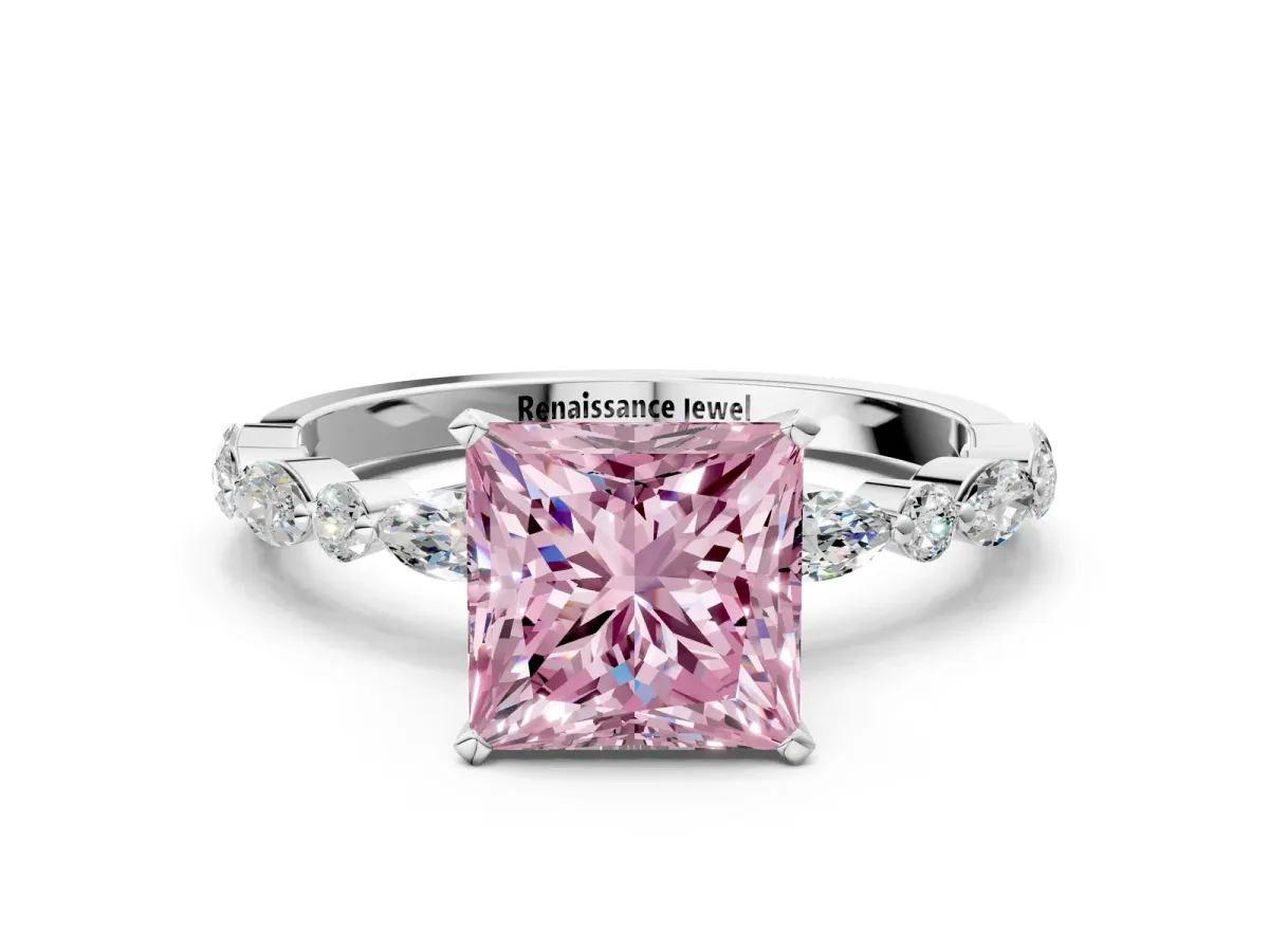 Fancy Pink Princess Cut Diamond Ring with Marquise and Round Side Stones and Four-Prong Setting White gold
