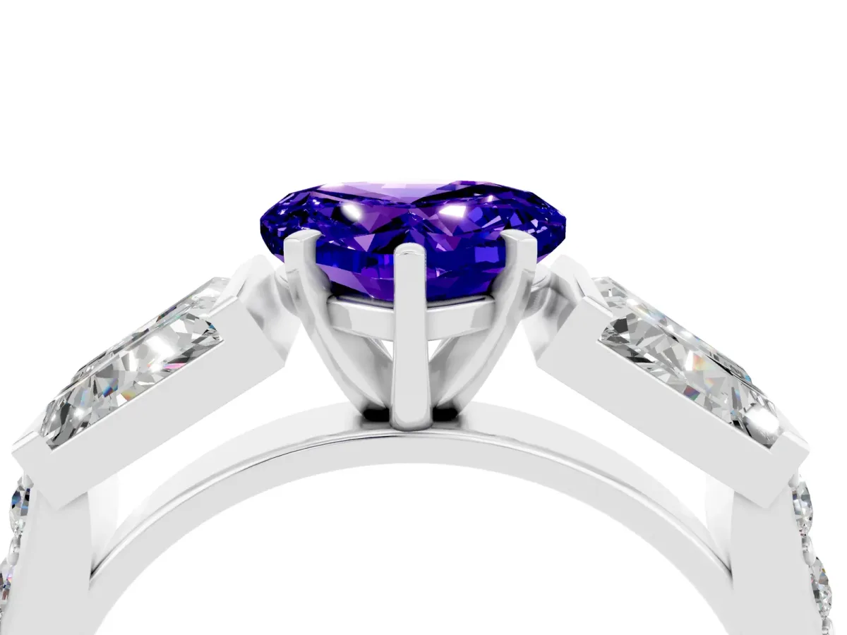 Heart Cut Tanzanite Engagement Ring with Baguette Side Stones and Channel Set Band Platinum