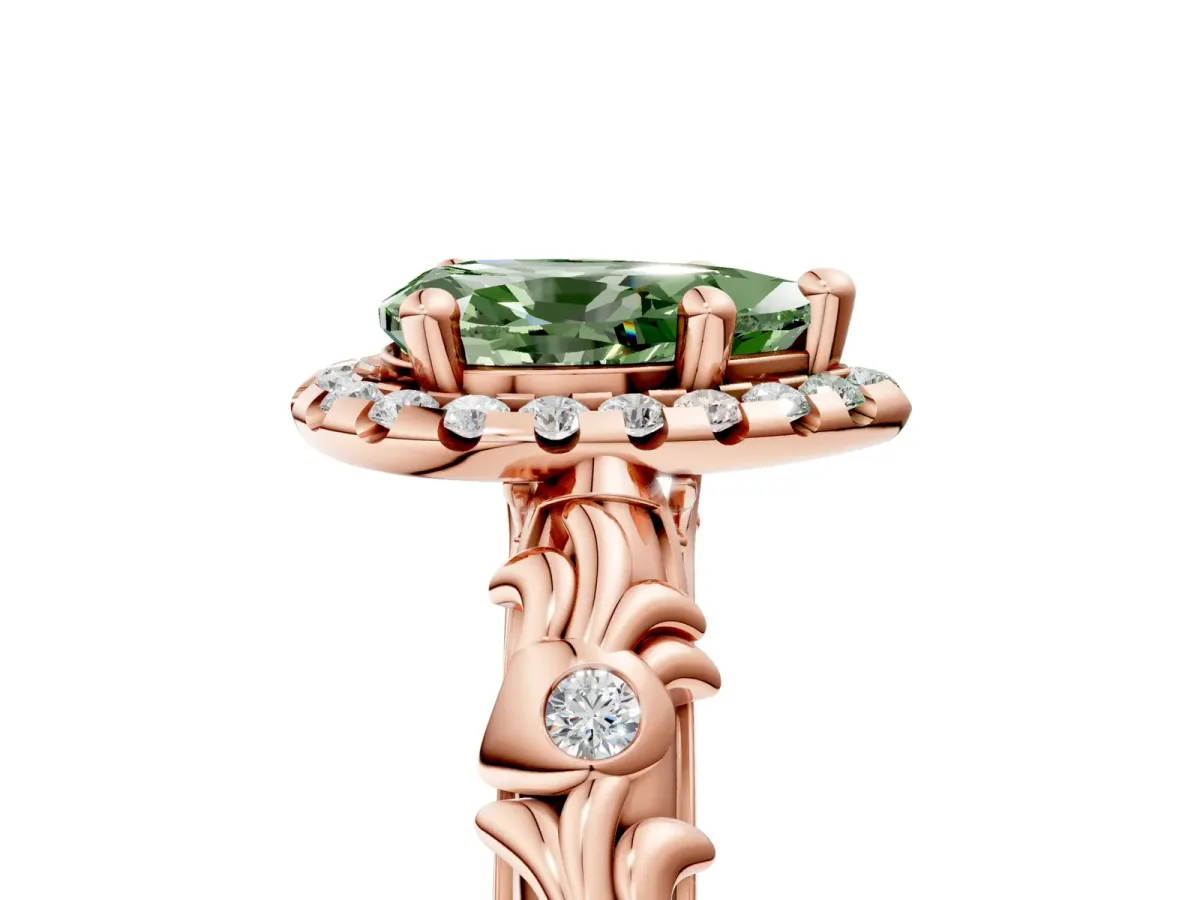 Fancy Green Pear Cut Diamond Halo Ring with Filigree Band and Prong Setting Rose gold