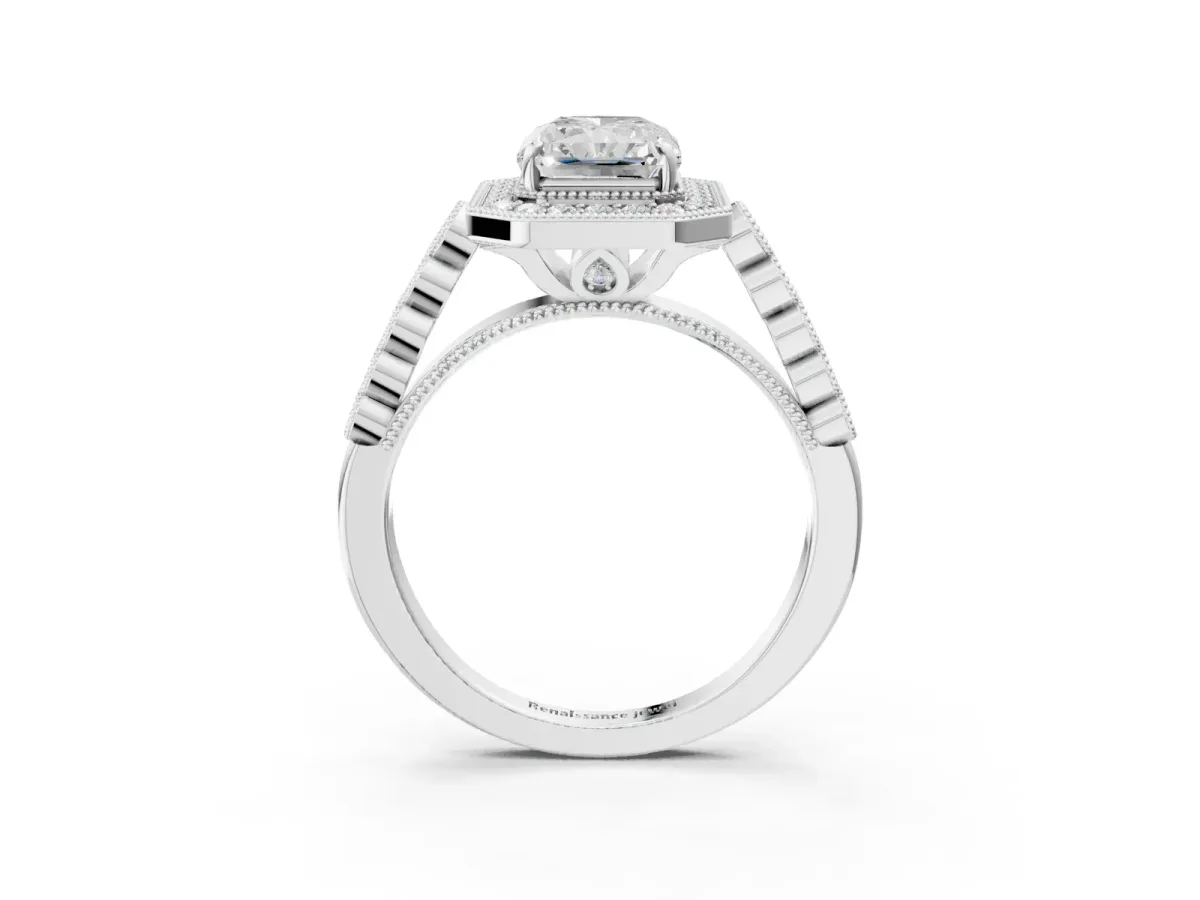Radiant Cut Halo Milgrain Solitaire with Bezel Set Side Stones and Pave Band Platinum