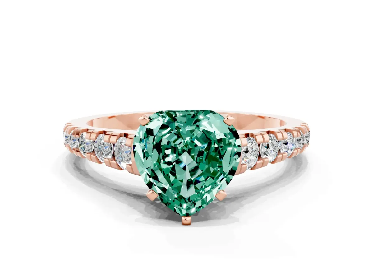 Heart Cut Green Sapphire Cathedral Solitaire Ring with Round Pavé Band Rose gold