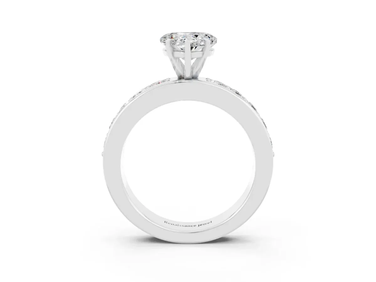 Heart Cut Moissanite Engagement Ring with Channel Set Round Band and Prong Setting White gold
