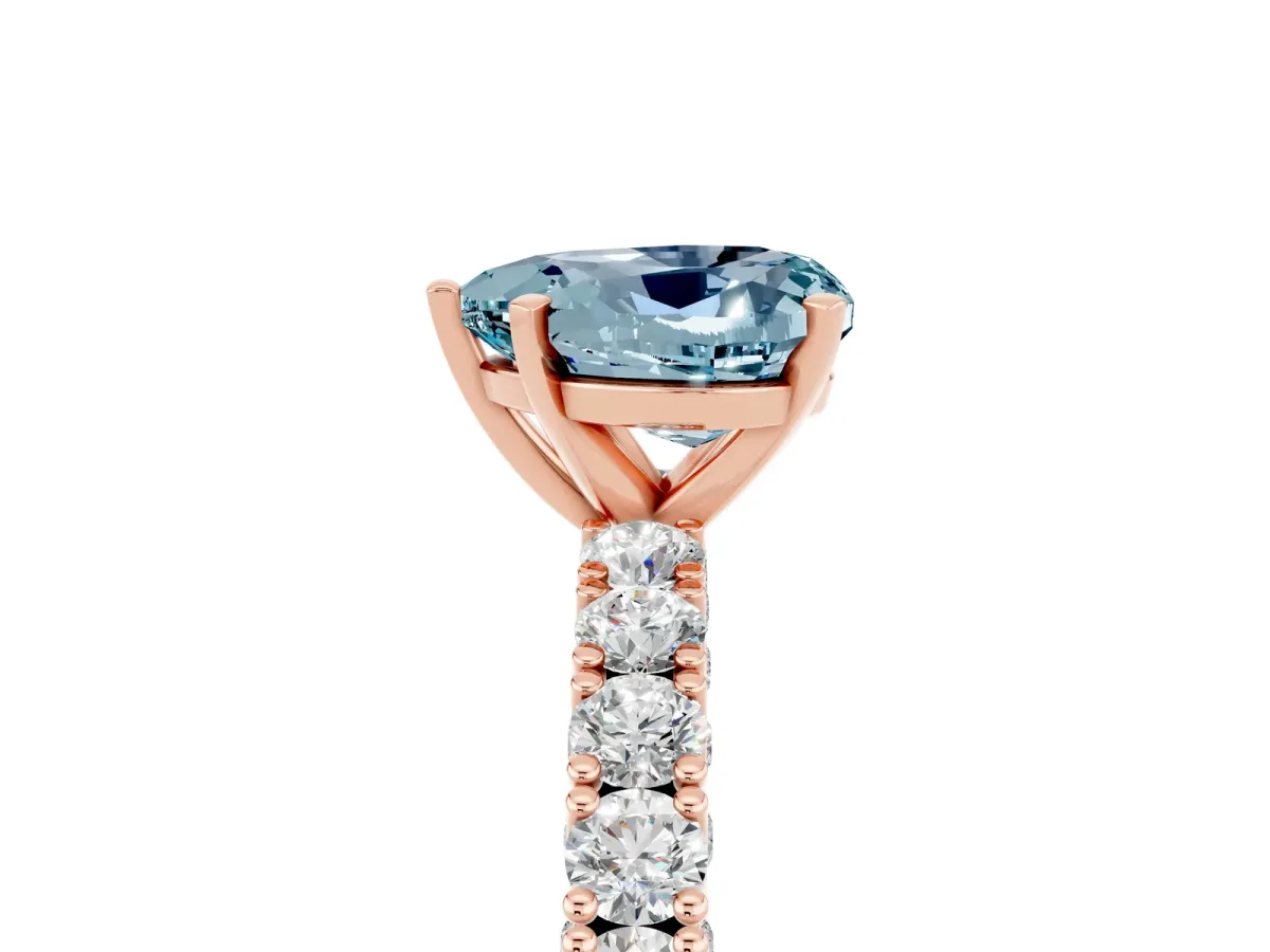 Heart Cut Aquamarine Solitaire Ring with Round Accent Pavé Band and Prong Setting Rose gold