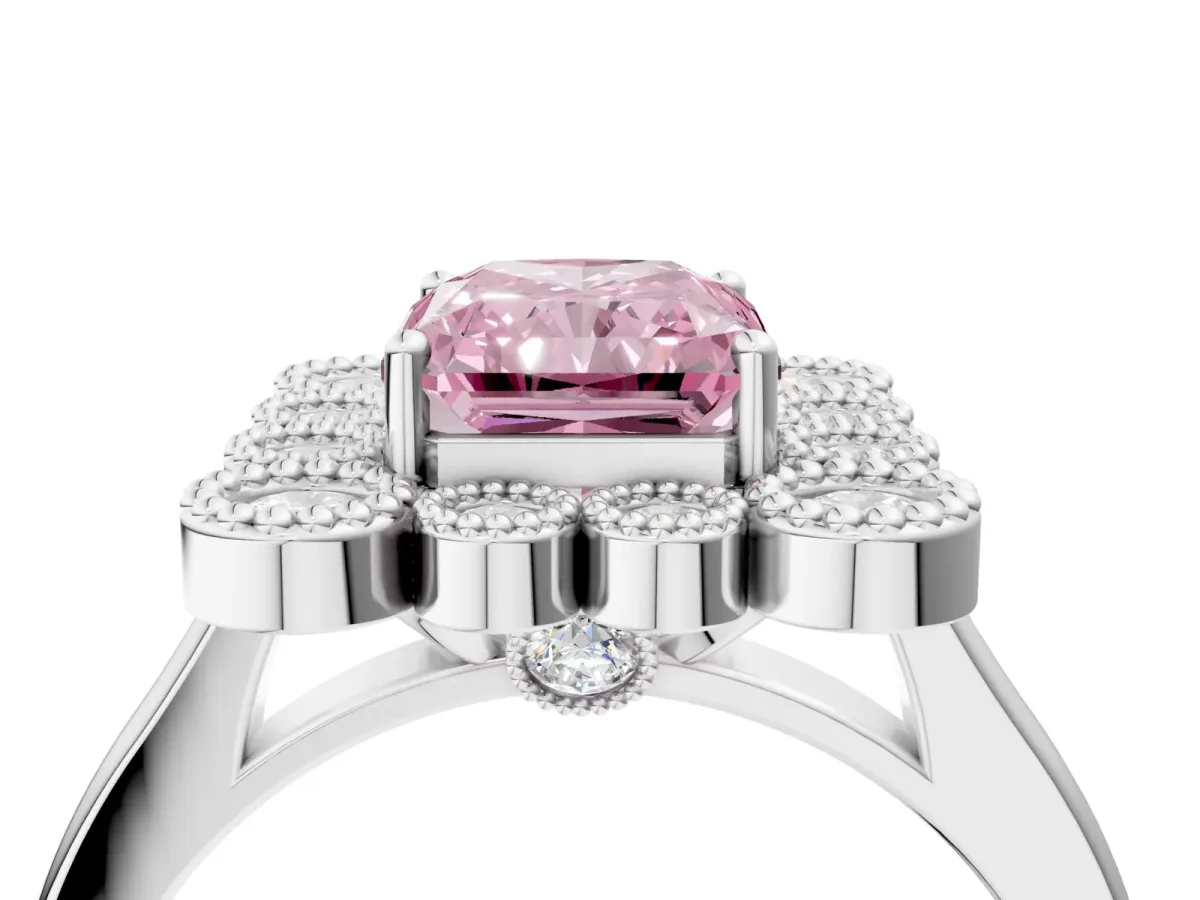Fancy Pink Radiant Cut Halo Diamond Cluster Engagement Ring with Milgrain Bezel Setting and Solitaire Band Platinum