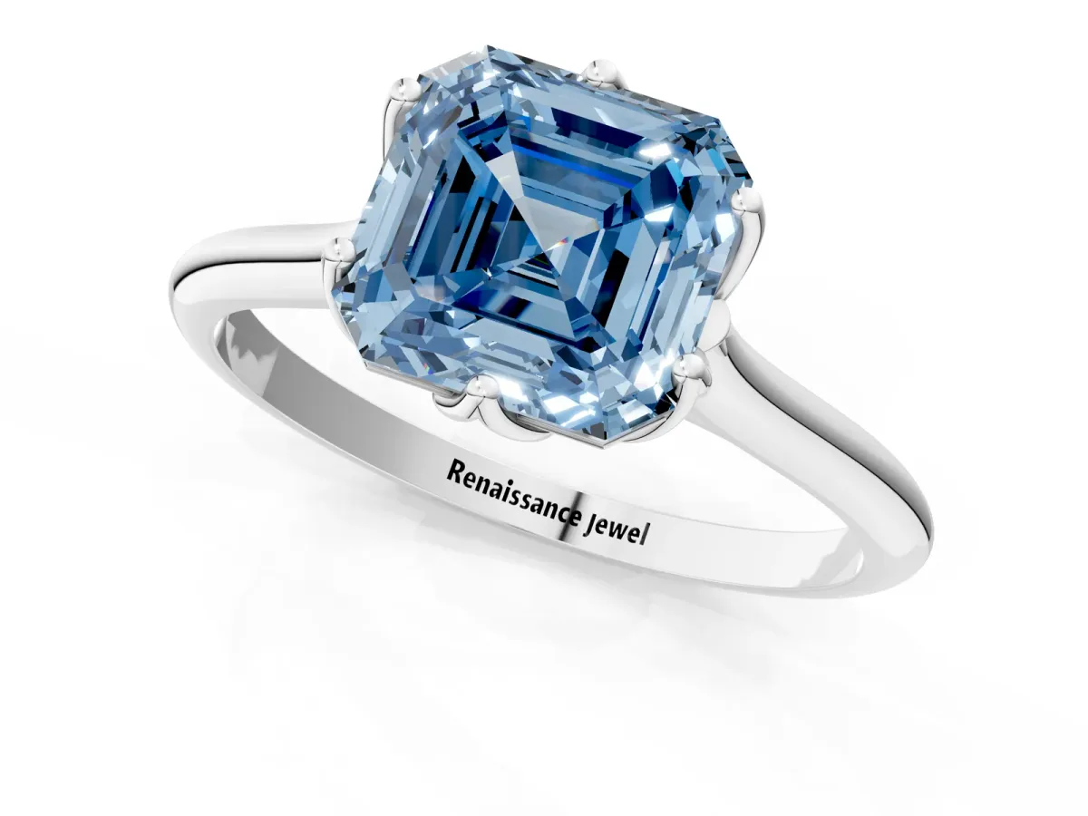 Fancy Blue Asscher Cut Solitaire Cathedral Diamond Ring with Six-Prong Setting Platinum