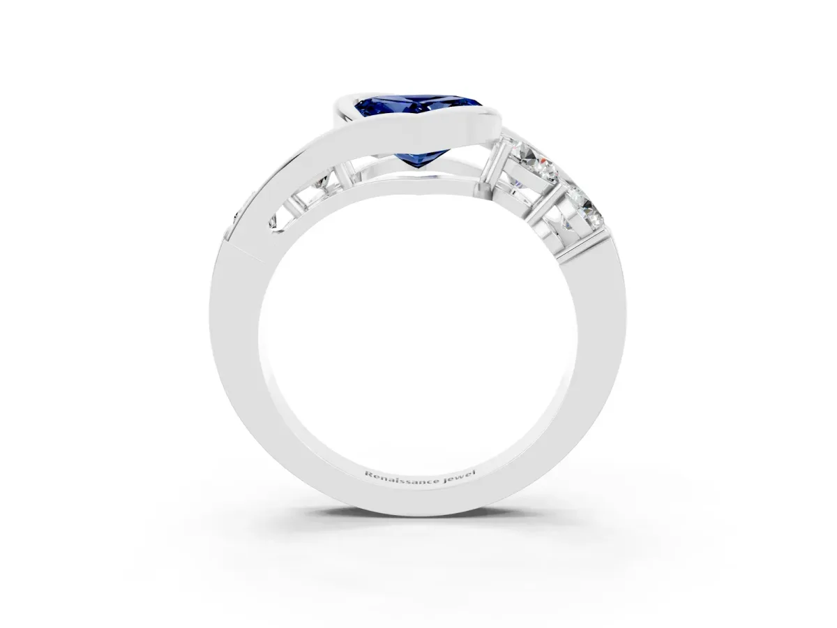 Bezel Set Heart Cut Blue Sapphire Bypass Ring with Round Accents Platinum