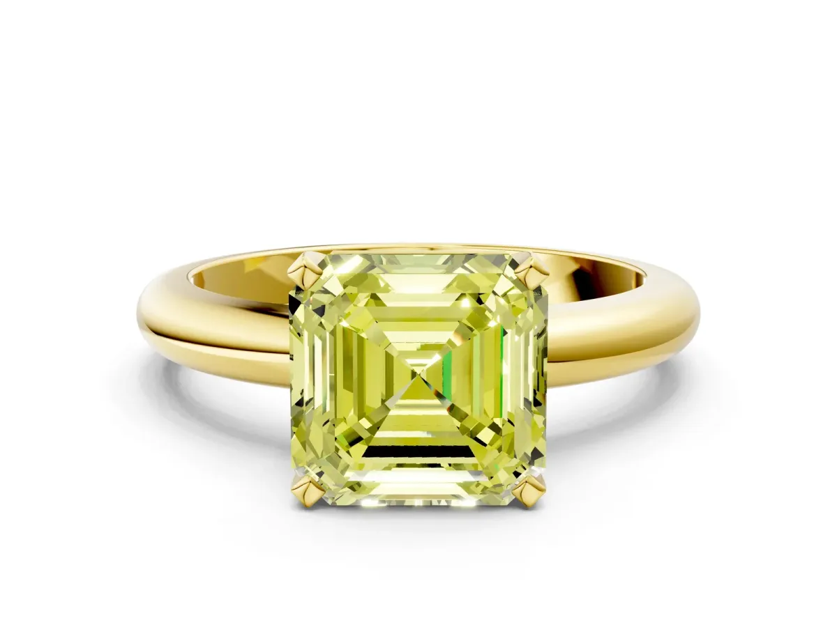 Fancy Yellow Asscher Cut Diamond Solitaire Engagement Ring with Round Band and Four-Prong Setting Yellow gold