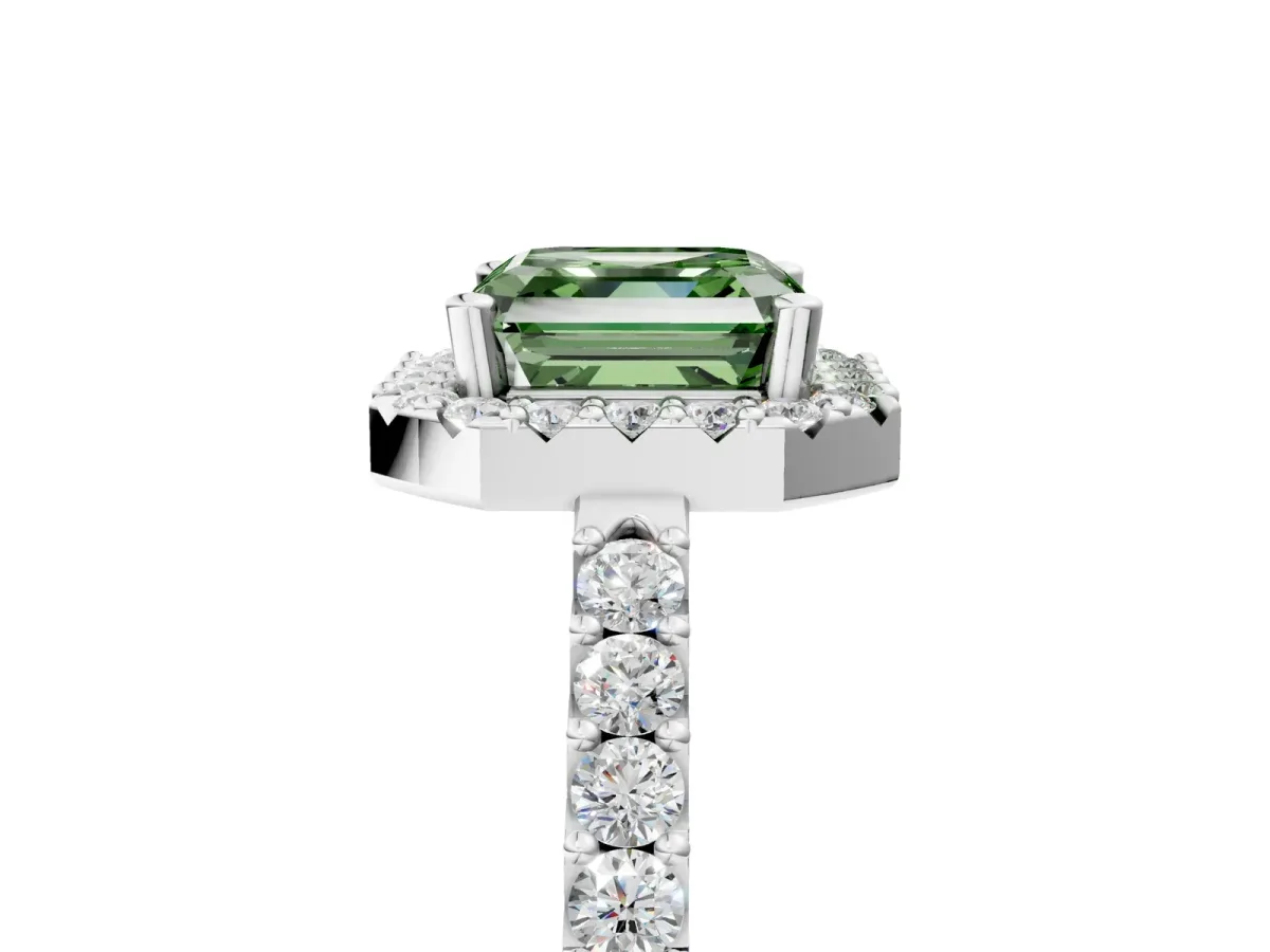 Fancy Green Asscher Cut Halo Diamond Pavé Solitaire Ring Silver