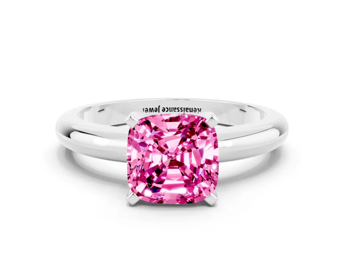 Cushion Cut Pink Sapphire Solitaire Engagement Ring with Round Band and Four-Prong Setting White gold