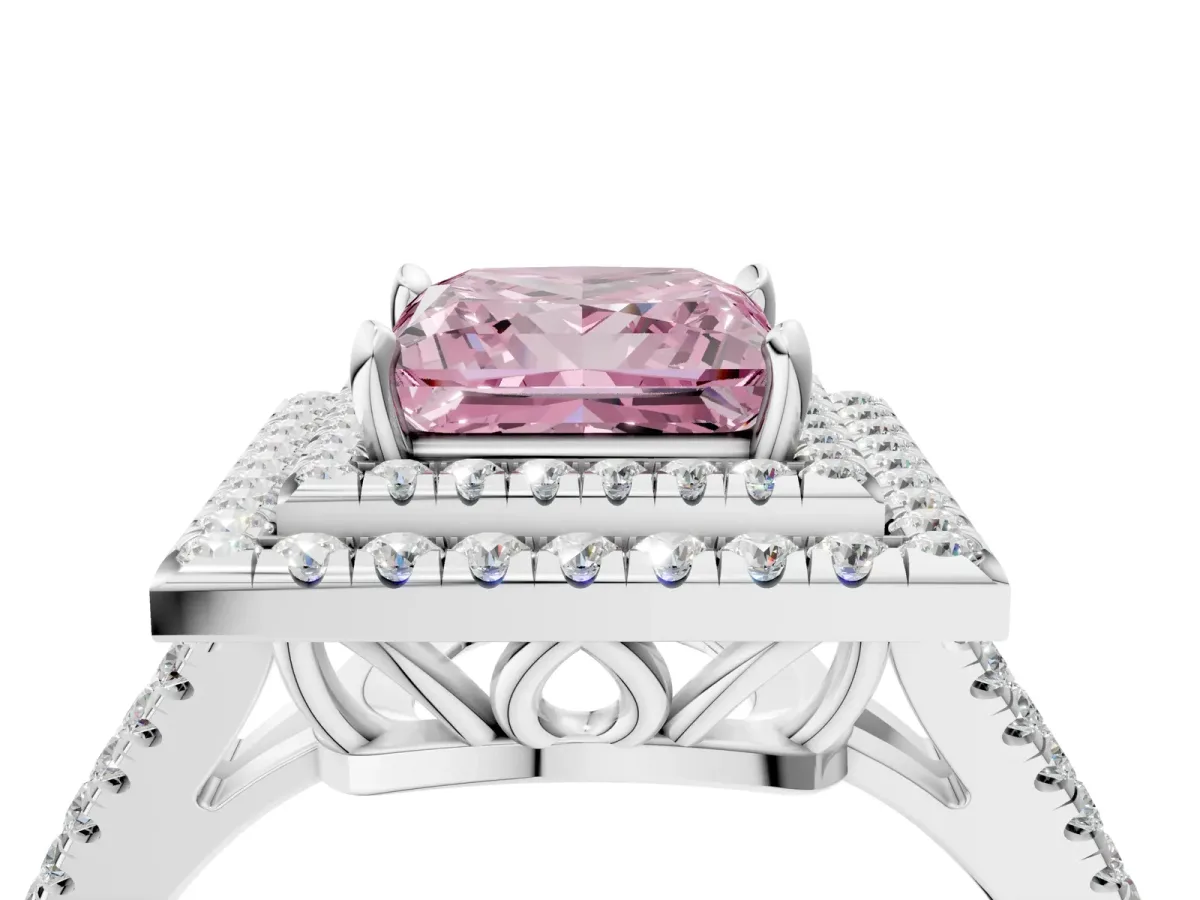 Fancy Pink Princess Cut Diamond Double Halo Ring with Pavé Band and Prong Setting White gold
