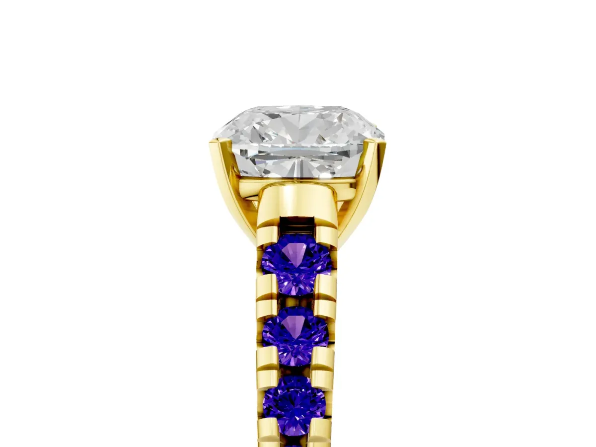 Cushion Cut Diamond Cathedral Solitaire Ring with Round Tanzanite Pavé Band Yellow gold