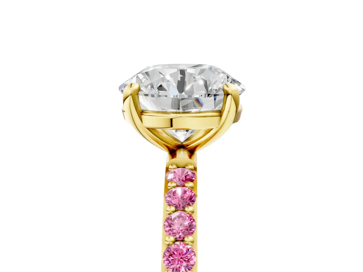 Round Cut Diamond Solitaire Ring with Round Pink Sapphire Pavé Band and Prong Setting Yellow gold