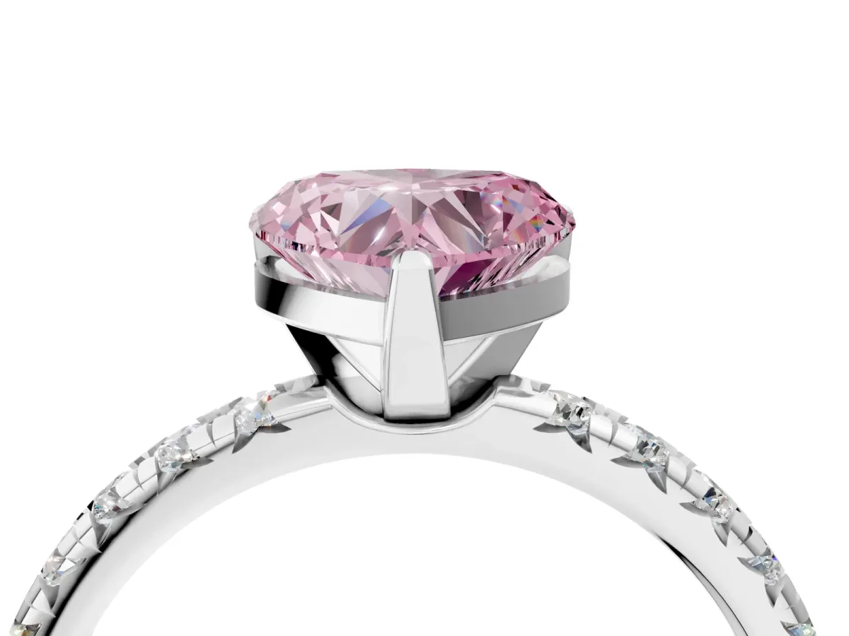 Fancy Pink Heart Cut Diamond Solitaire Pavé Engagement Ring with Round Band and Prong Setting White gold
