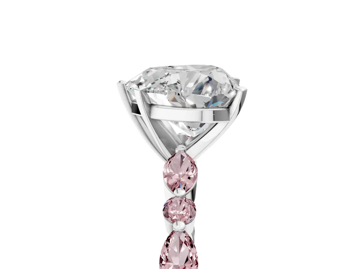 Heart Cut Diamond Ring with Marquise and Round Morganite Side Stones and Four-Prong Setting White gold