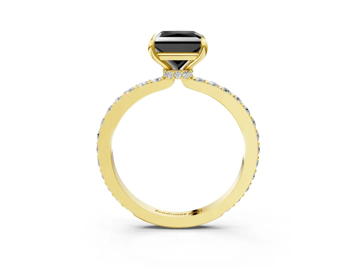 Fancy Black Princess Cut Diamond Solitaire Engagement Ring with Pavé Band and Four-Prong Setting Yellow gold