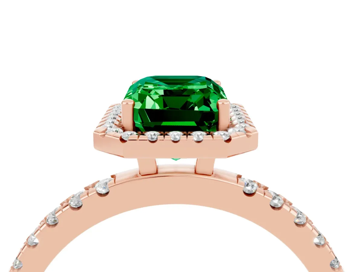 Emerald Cut Emerald Classic Halo Engagement Ring with Round Pavé Band and Prong Setting Rose gold