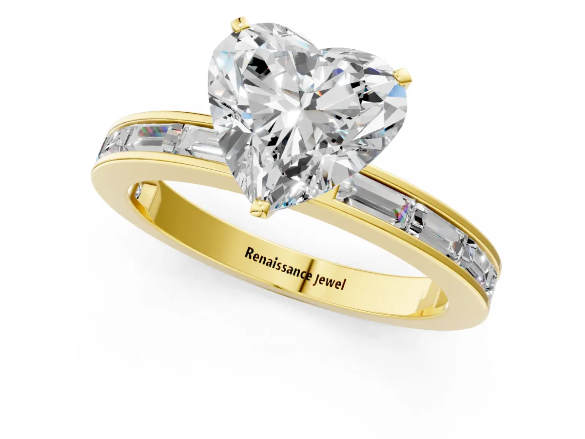 Heart Cut Solitaire Diamond Ring with Channel-Set Baguette Band and Four-Prong Setting Yellow gold