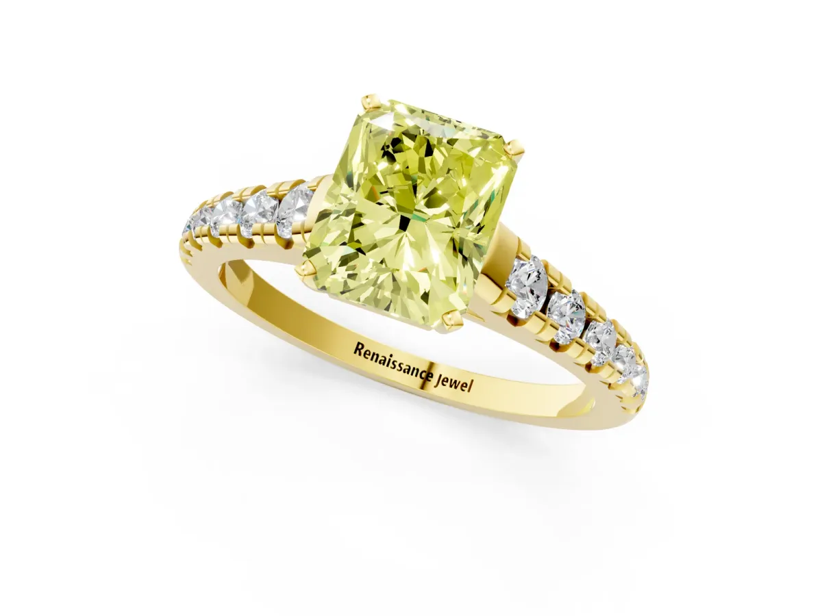 Fancy Yellow Radiant Cut Diamond Cathedral Solitaire Ring with Round Pavé Band Yellow gold