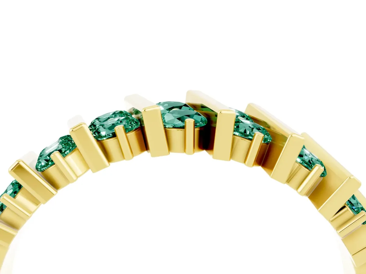 Channel Set Round Green Sapphire Anniversary Band with Vertical Prongs Yellow gold