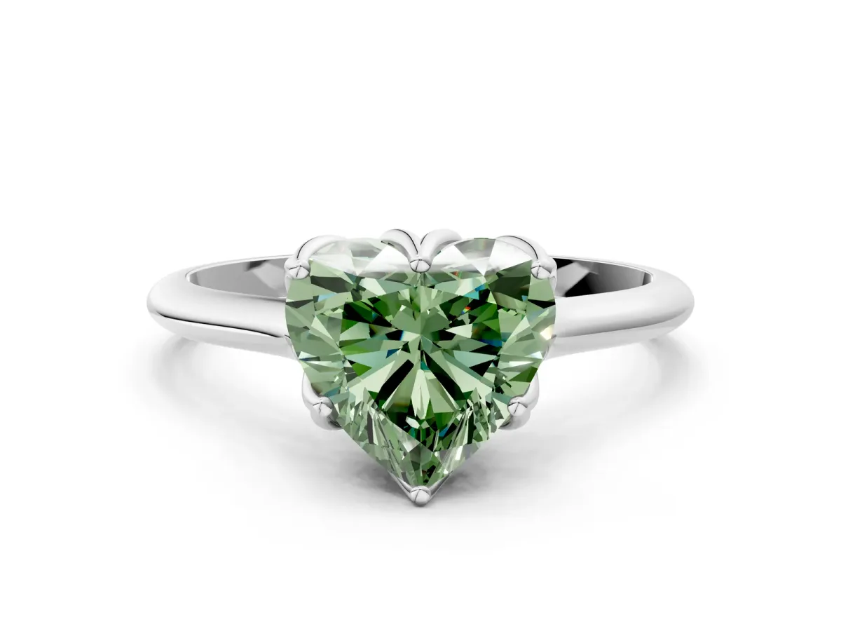 Fancy Green Heart Cut Solitaire Cathedral Diamond Ring with Six-Prong Setting Platinum