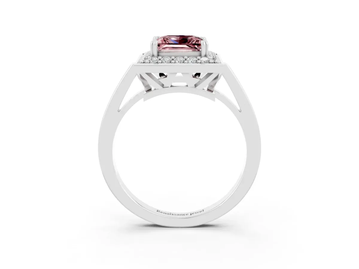 Princess Cut Morganite Halo Ring with Split Shank and Four-Prong Setting Platinum