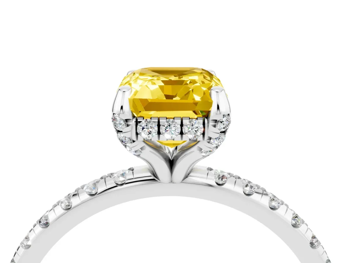 Emerald Cut Yellow Sapphire Hidden Halo Engagement Ring with Round Pavé Band and Prong Setting Silver