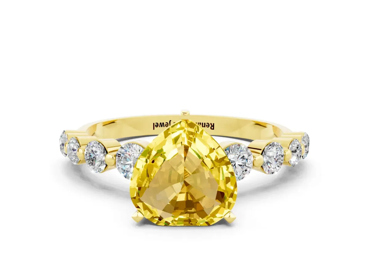 Heart Cut Solitaire Yellow Sapphire Ring with Pave Band and Four-Prong Setting Yellow gold