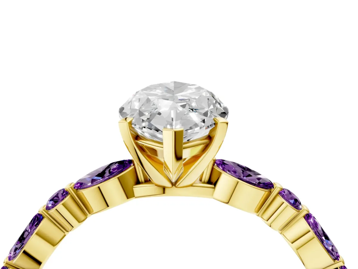Marquise Cut Diamond Ring with Marquise and Round Amethyst Side Stones and Four-Prong Setting Yellow gold