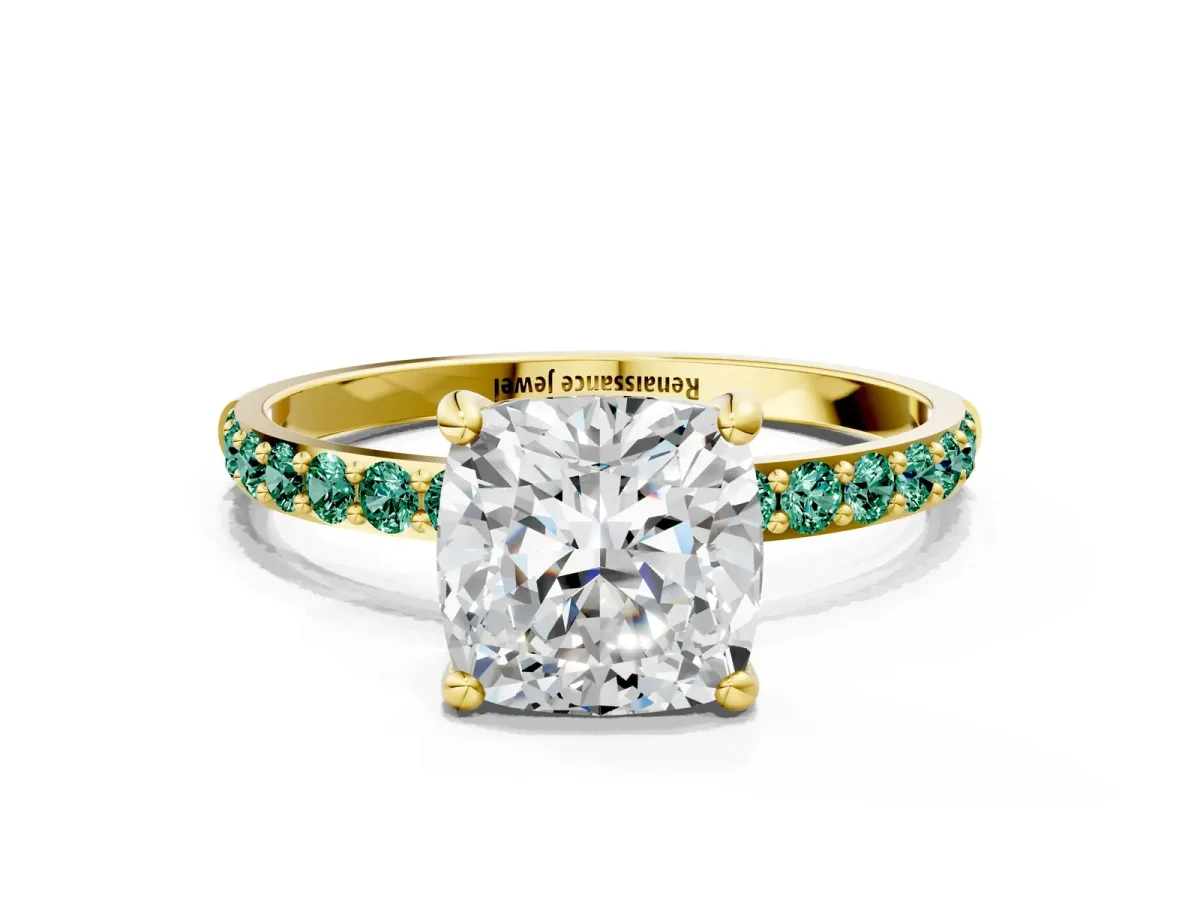 Cushion Cut Diamond Solitaire Ring with Round Green Sapphire Pavé Band and Prong Setting Yellow gold
