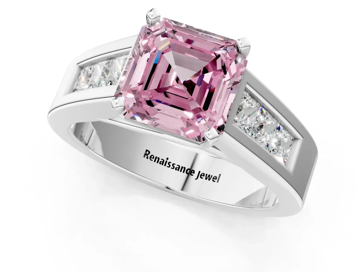 Fancy Pink Asscher Cut Cut Channel Set Solitaire Ring with Four-Prong Setting White gold