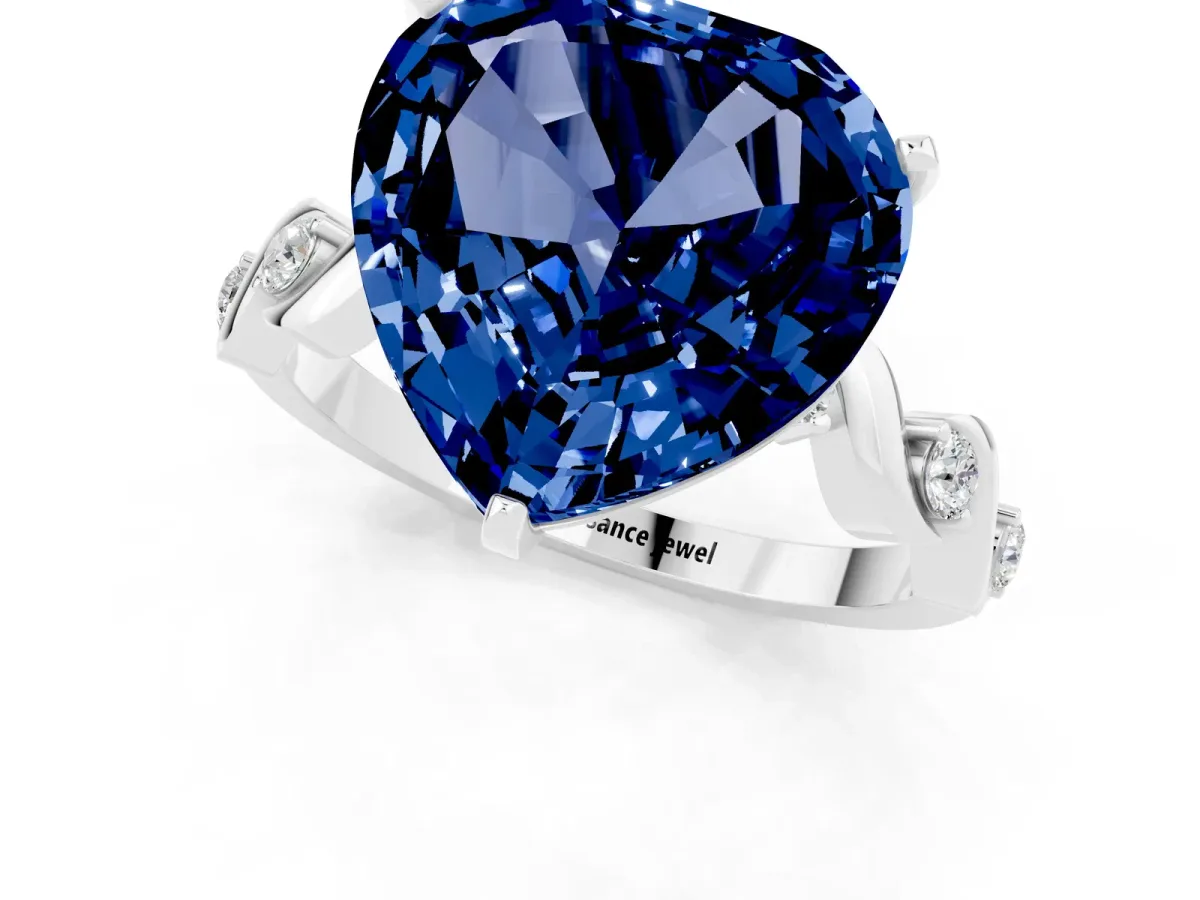 Heart Cut Blue Sapphire Solitaire Twisted Band with Round Accents and Prong Setting White gold