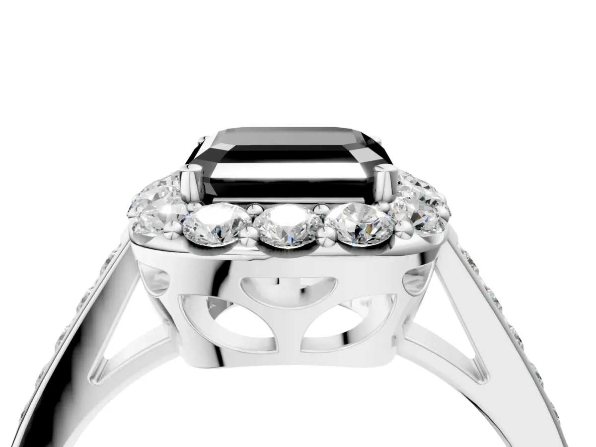 Fancy Black Asscher Cut Diamond Floral Halo Ring with Pavé Band and Prong Setting Platinum