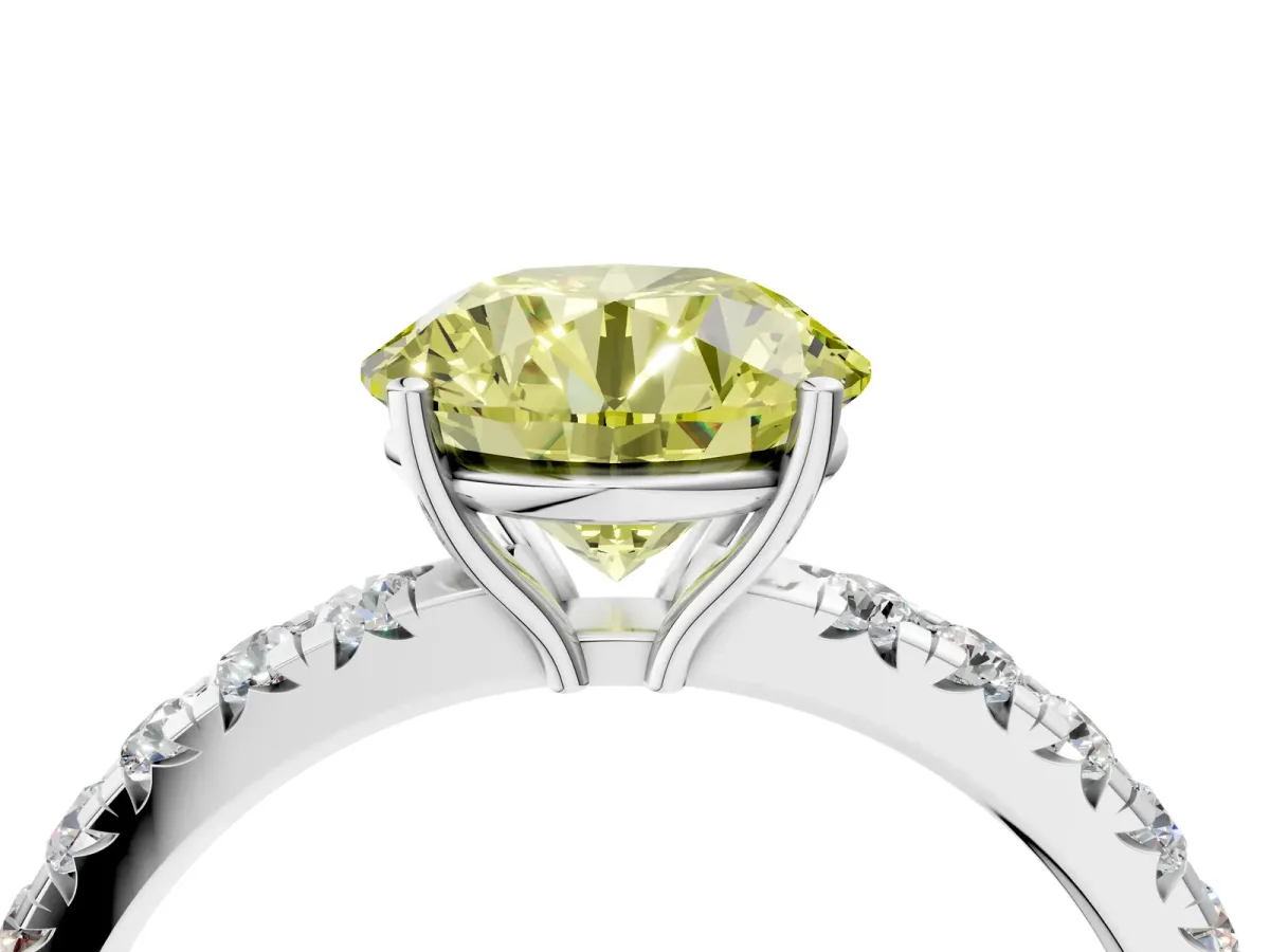 Fancy Yellow Round Cut Diamond Pavé Solitaire Engagement Ring with Four-Prong Setting Silver