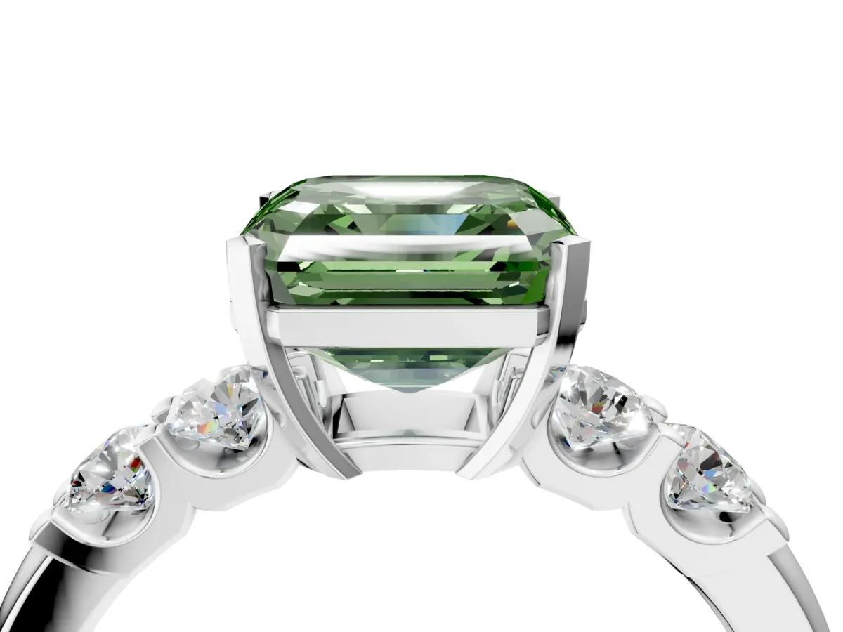 Fancy Green Asscher Cut Brilliant Cut Diamond Five-Stone Prong Set Engagement Ring with Channel Band Platinum