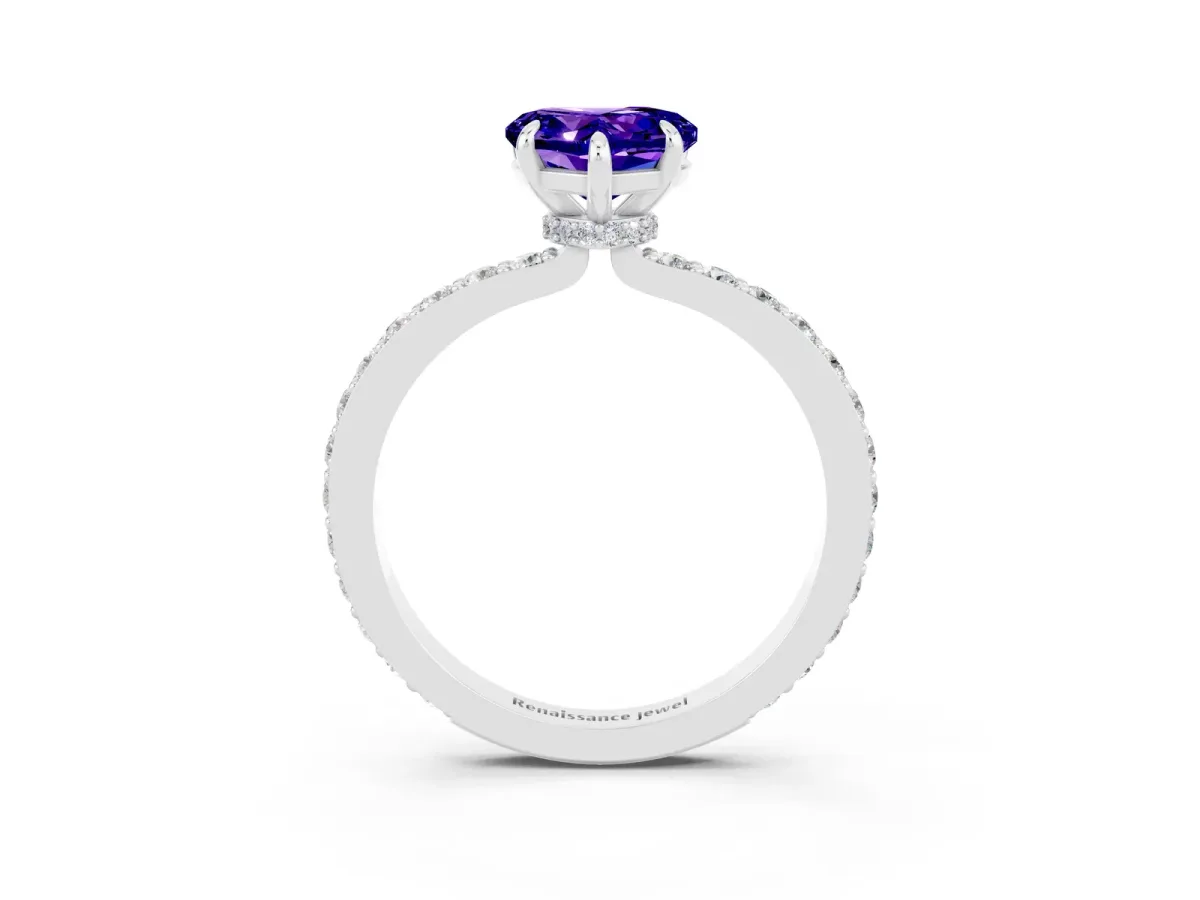 Heart Cut Tanzanite Solitaire Engagement Ring with Pavé Band and Four-Prong Setting White gold