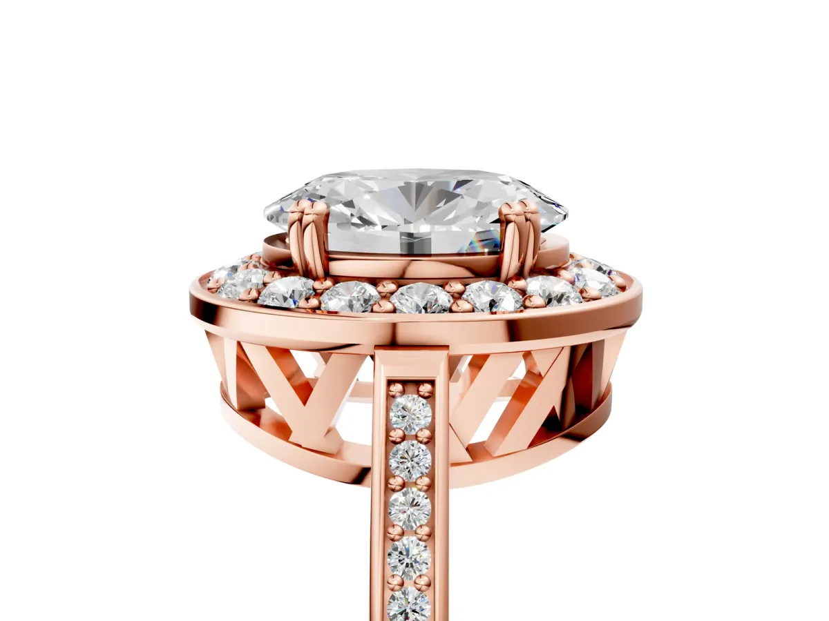 Oval Cut Diamond Halo Ring with Split Shank and Four-Prong Setting Rose gold