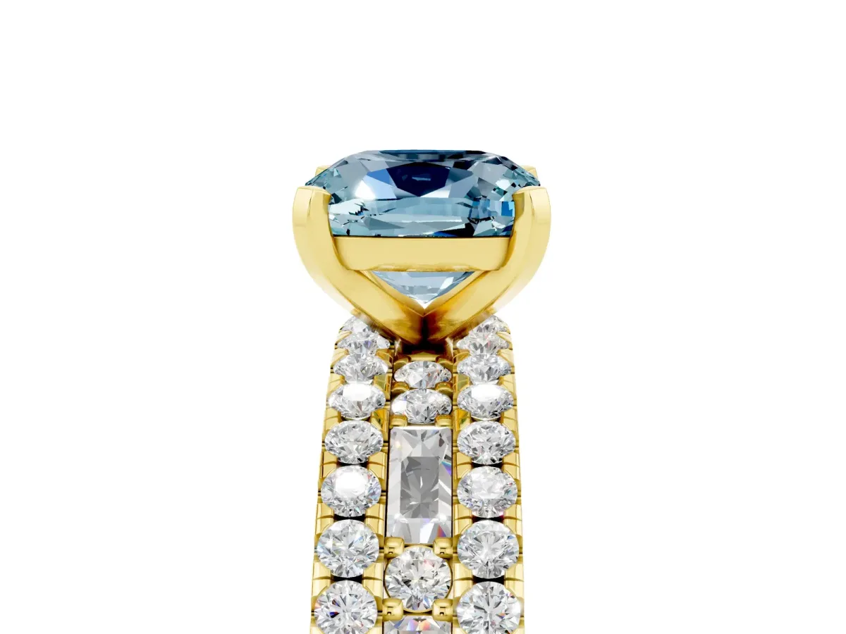Cushion Cut Aquamarine Solitaire Ring with Pavé and Channel Set Band Yellow gold