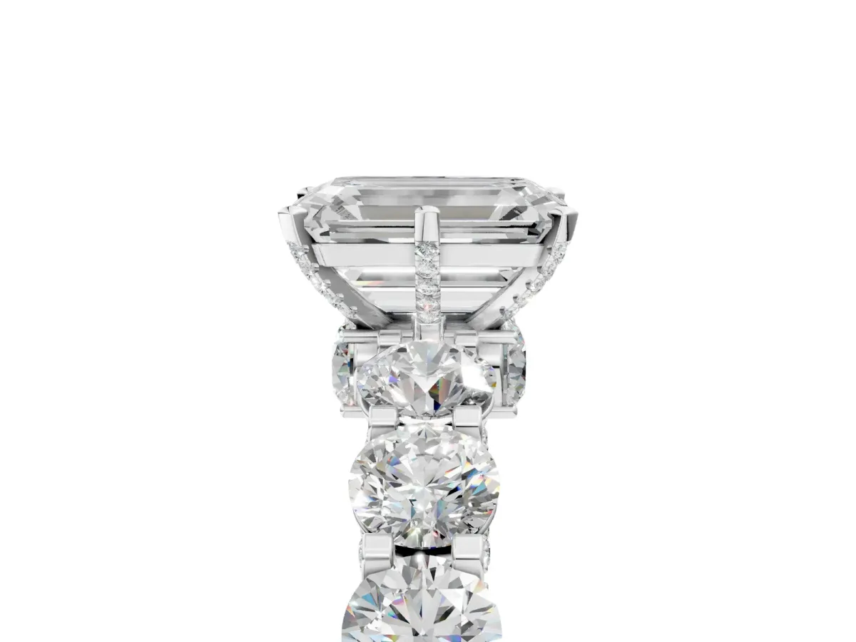 Emerald Cut Diamond Side Stone Engagement Ring with Four-Prong Setting White gold