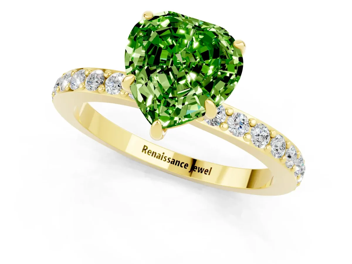 Heart Cut Peridot Solitaire Engagement Ring with Pavé Band and Four-Prong Setting Yellow gold