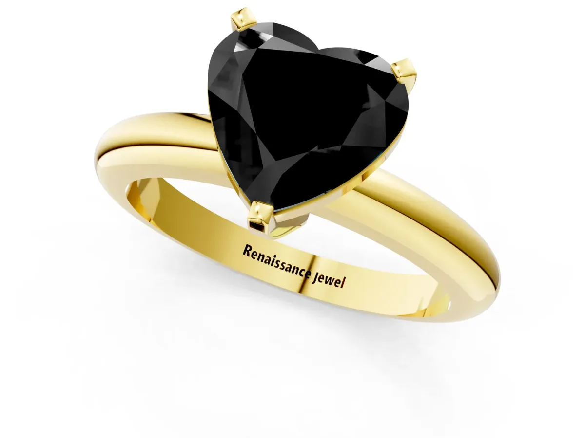 Fancy Black Heart Cut Diamond Solitaire Engagement Ring with Round Band and Four-Prong Setting Yellow gold