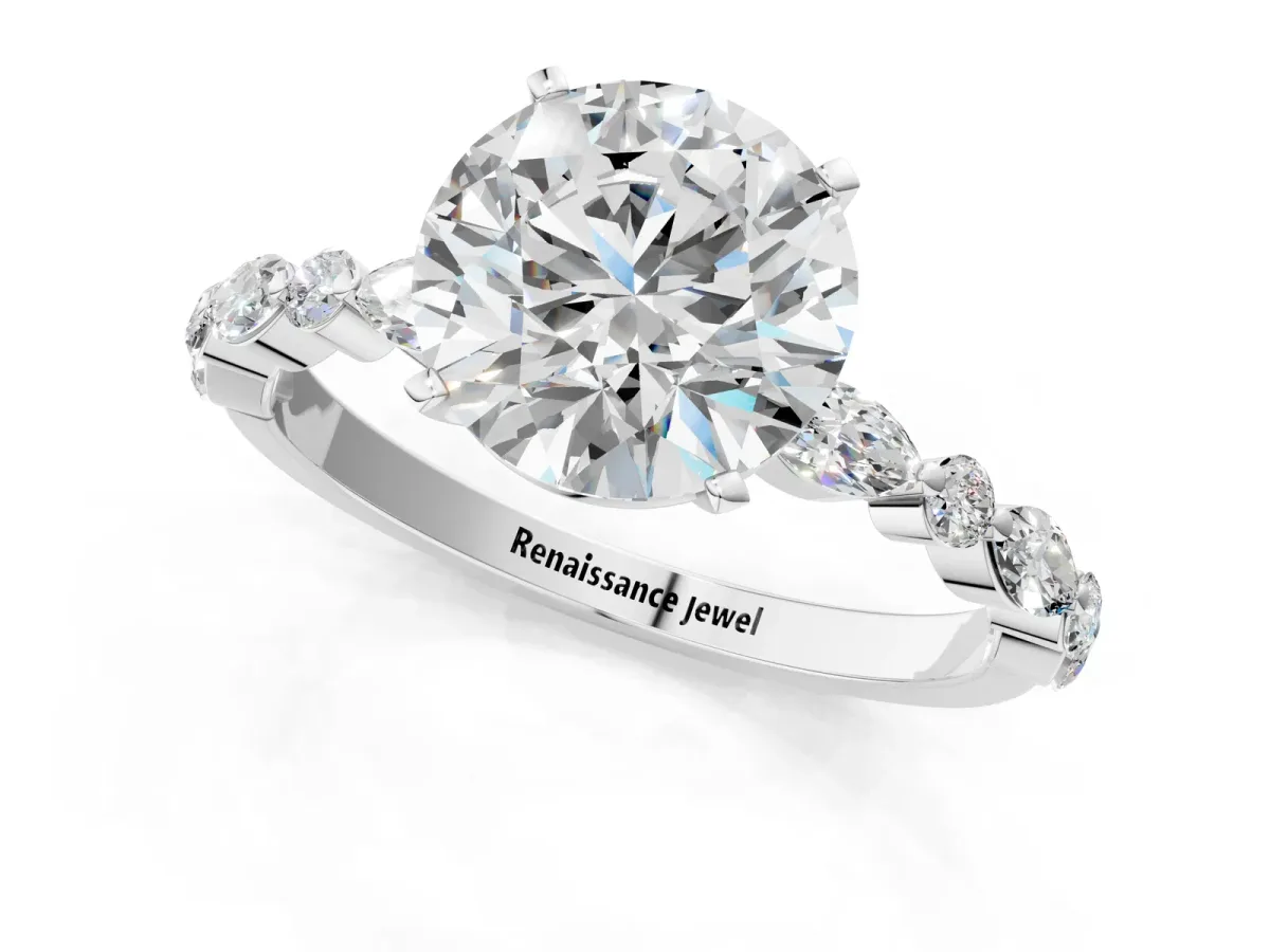 Round Cut Diamond Ring with Marquise and Round Moissanite Side Stones and Four-Prong Setting White gold