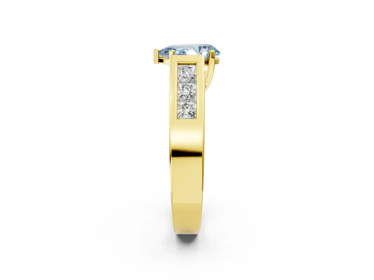 Fancy Blue Pear Cut Cut Channel Set Solitaire Ring with Four-Prong Setting Yellow gold