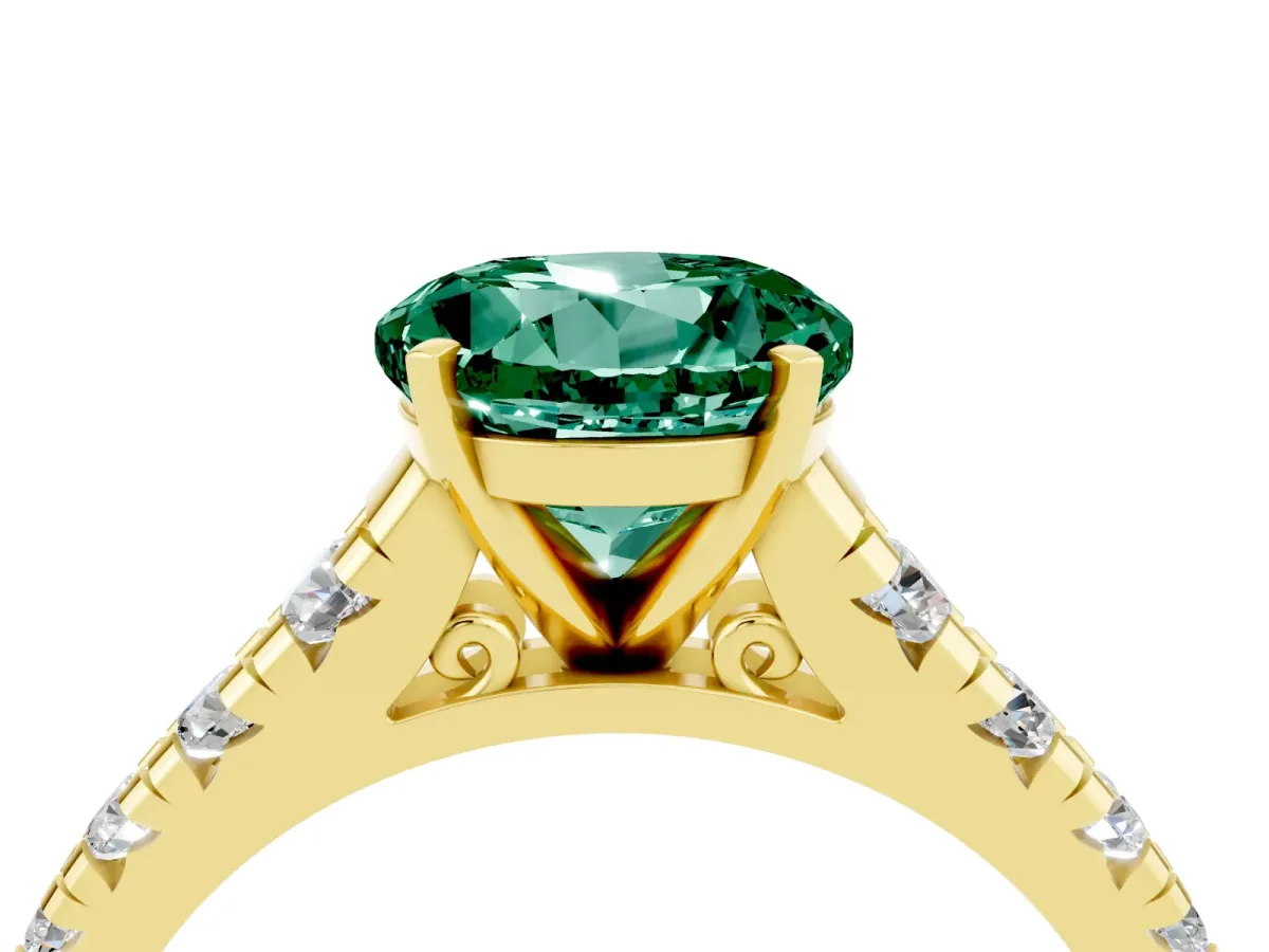 Round Cut Green Sapphire Cathedral Solitaire Ring with Round Pavé Band Yellow gold