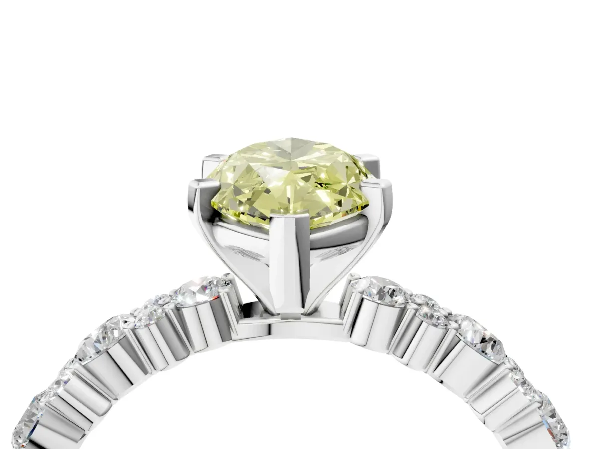Fancy Yellow Marquise Cut Diamond Side Stone Solitaire Ring with Round and Four-Prong Setting Platinum
