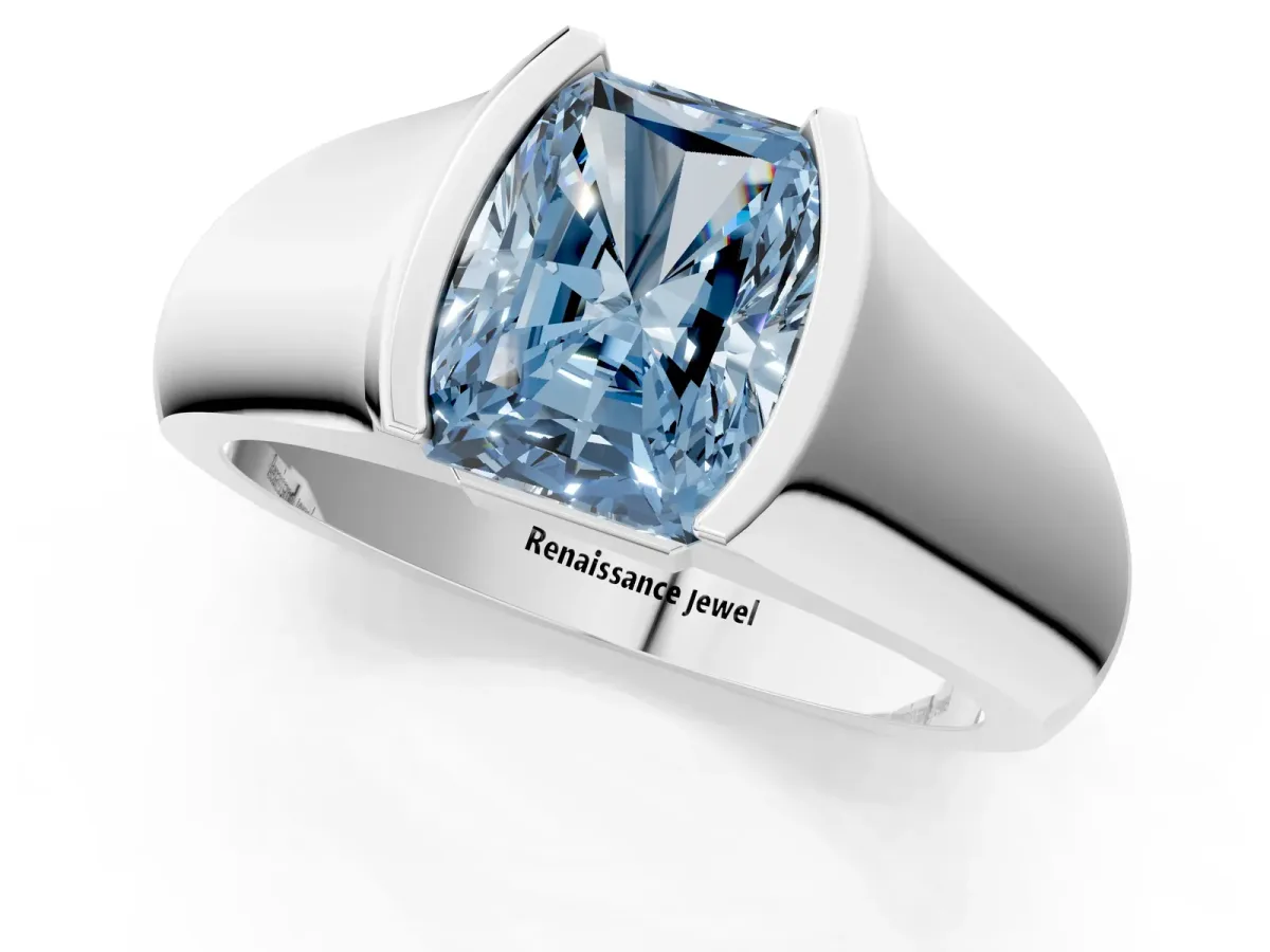 Fancy Blue Radiant Cut Solitaire Bezel Set Diamond Ring with Wide Band Platinum
