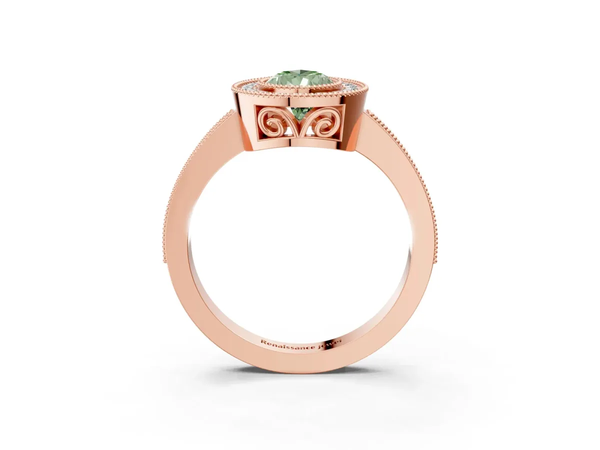 Fancy Green Pear Cut Cut Halo Diamond Ring with Pavé Band and Milgrain Prong Setting Rose gold