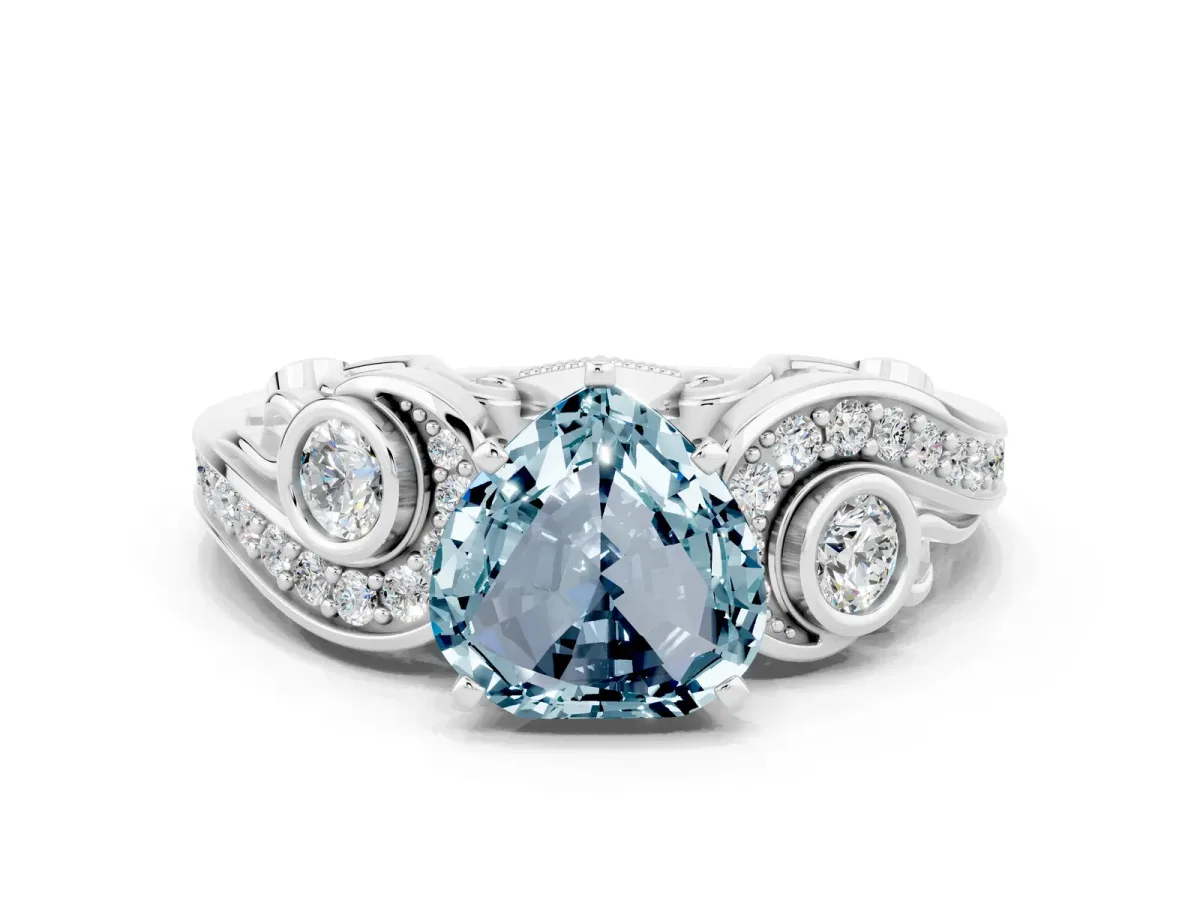 Heart Cut Aquamarine Solitaire Ring with Milgrain Pavé Band and Four-Prong Setting Platinum