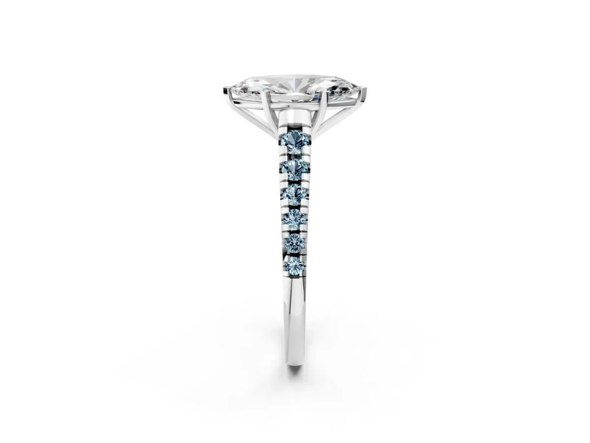 Marquise Cut Diamond Cathedral Solitaire Ring with Round Aquamarine Pavé Band White gold