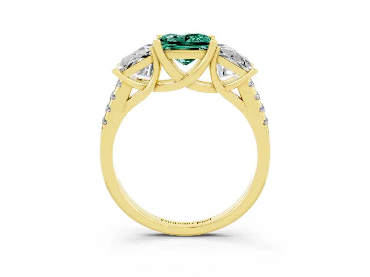 Three-Stone Princess Cut Green Sapphire Ring with Round Pavé Band and Prong Setting Yellow gold