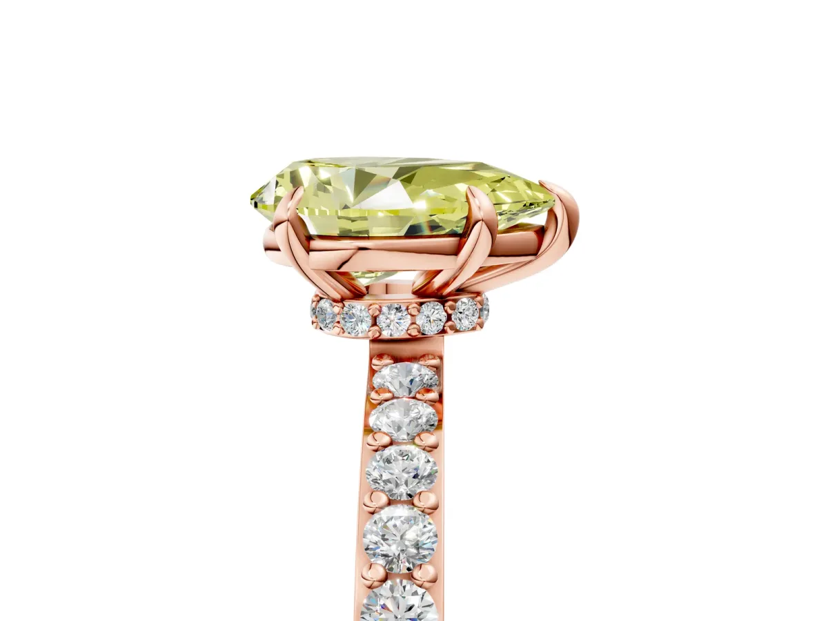 Fancy Yellow Pear Cut Diamond Solitaire Engagement Ring with Pavé Band and Four-Prong Setting Rose gold
